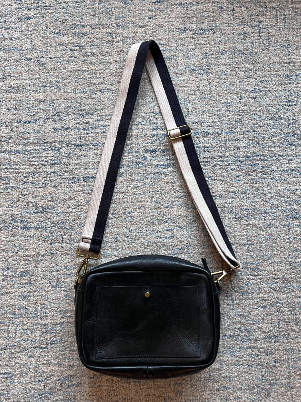 Madewell Large Transport Camera Bag Black Leather Striped Fabric Strap
